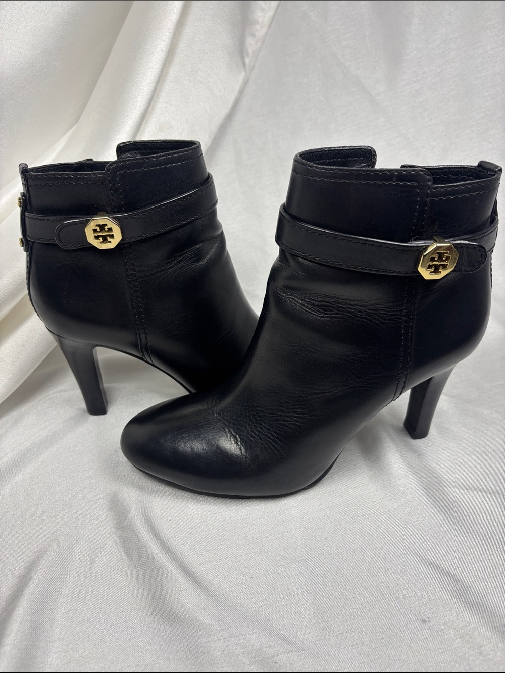 Tory Burch Black Leather Ankle Booties with Gold Logo Accent